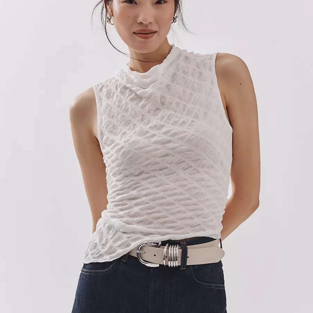Anthropologie Maeve Asymmetric Textured Tank Small White Sleeveless Mock Neck